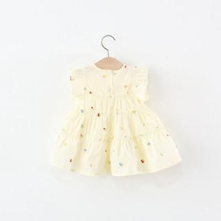 Váy bé gái tay cánh tiên thô boi cotton mỏng thêu búp hoa Váy đi biển mùa hè kèm túi cói D1238