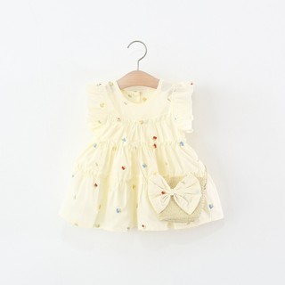 Váy bé gái tay cánh tiên thô boi cotton mỏng thêu búp hoa Váy đi biển mùa hè kèm túi cói D1238