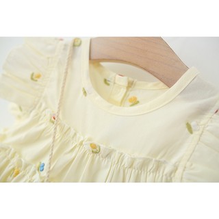 Váy bé gái tay cánh tiên thô boi cotton mỏng thêu búp hoa Váy đi biển mùa hè kèm túi cói D1238