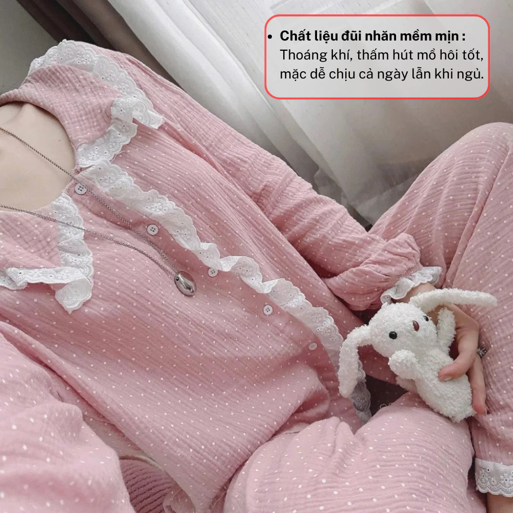 Đồ ngủ nữ, bộ pijama nữ dài tay phối màu hồng mix ren gấu siêu xinh chất thô cao cấp JUN HCOM26800