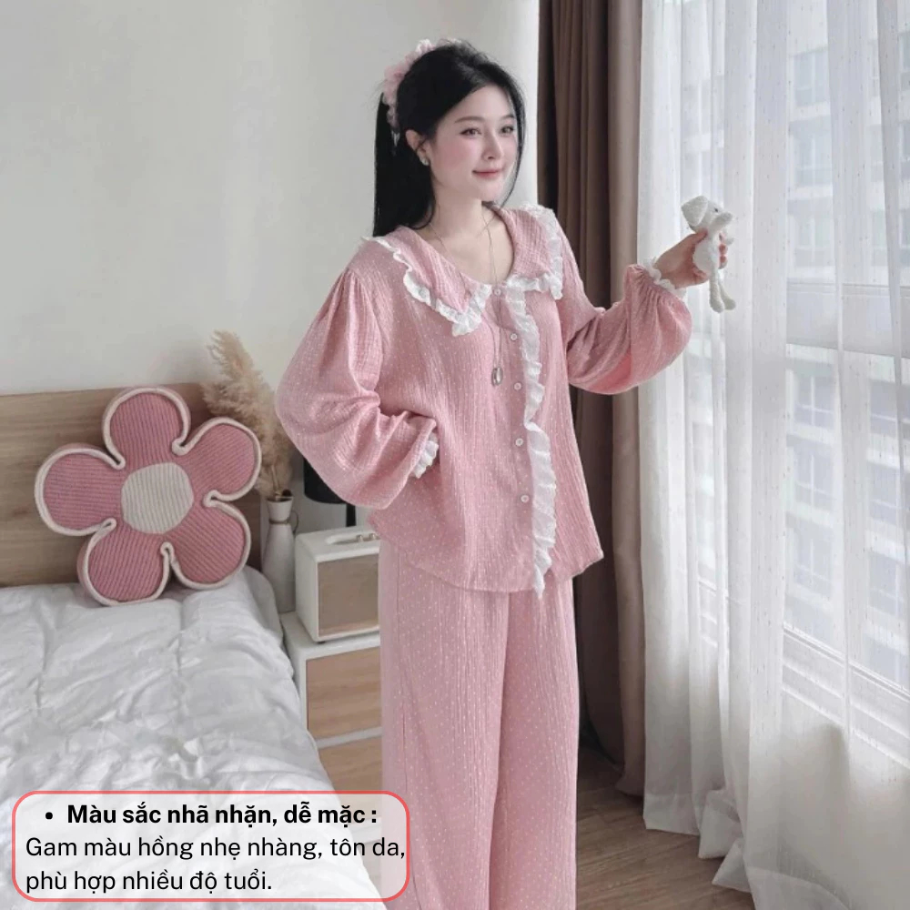 Đồ ngủ nữ, bộ pijama nữ dài tay phối màu hồng mix ren gấu siêu xinh chất thô cao cấp JUN HCOM26800