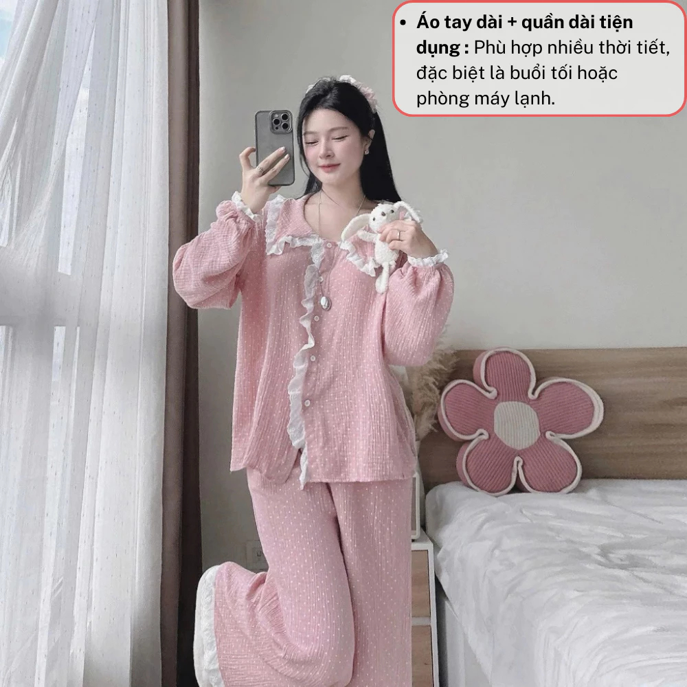 Đồ ngủ nữ, bộ pijama nữ dài tay phối màu hồng mix ren gấu siêu xinh chất thô cao cấp JUN HCOM26800