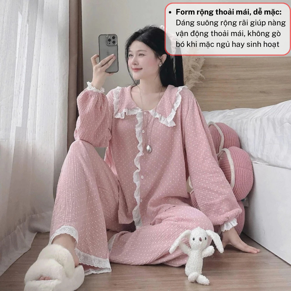 Đồ ngủ nữ, bộ pijama nữ dài tay phối màu hồng mix ren gấu siêu xinh chất thô cao cấp JUN HCOM26800