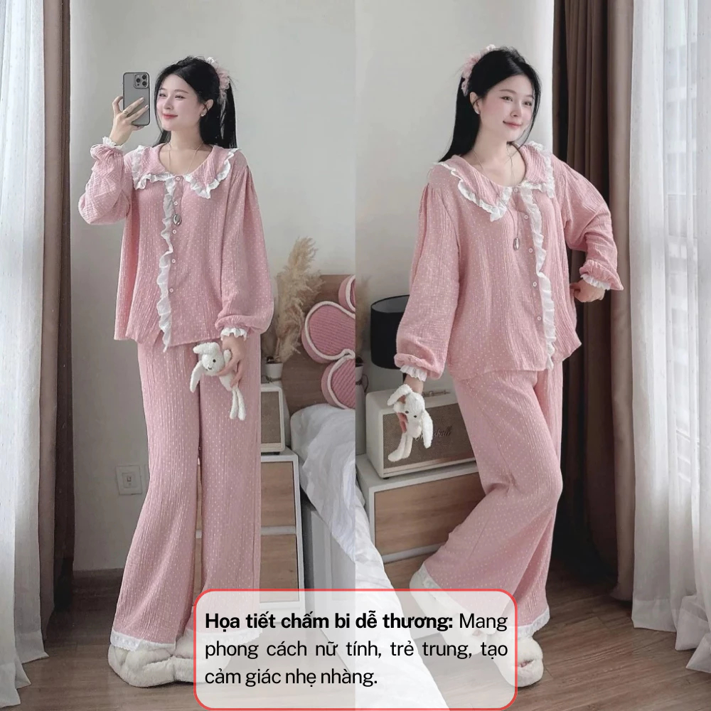 Đồ ngủ nữ, bộ pijama nữ dài tay phối màu hồng mix ren gấu siêu xinh chất thô cao cấp JUN HCOM26800