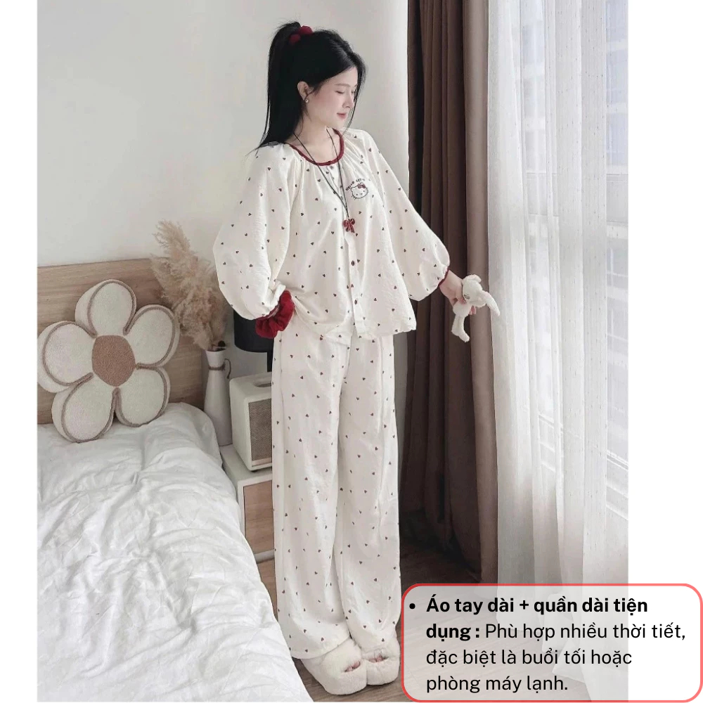 Đồ ngủ nữ, bộ mặc nhà nữ pijama dài tay tông màu trắng phối hình trái tim in siêu xinh JUN HCOM26799