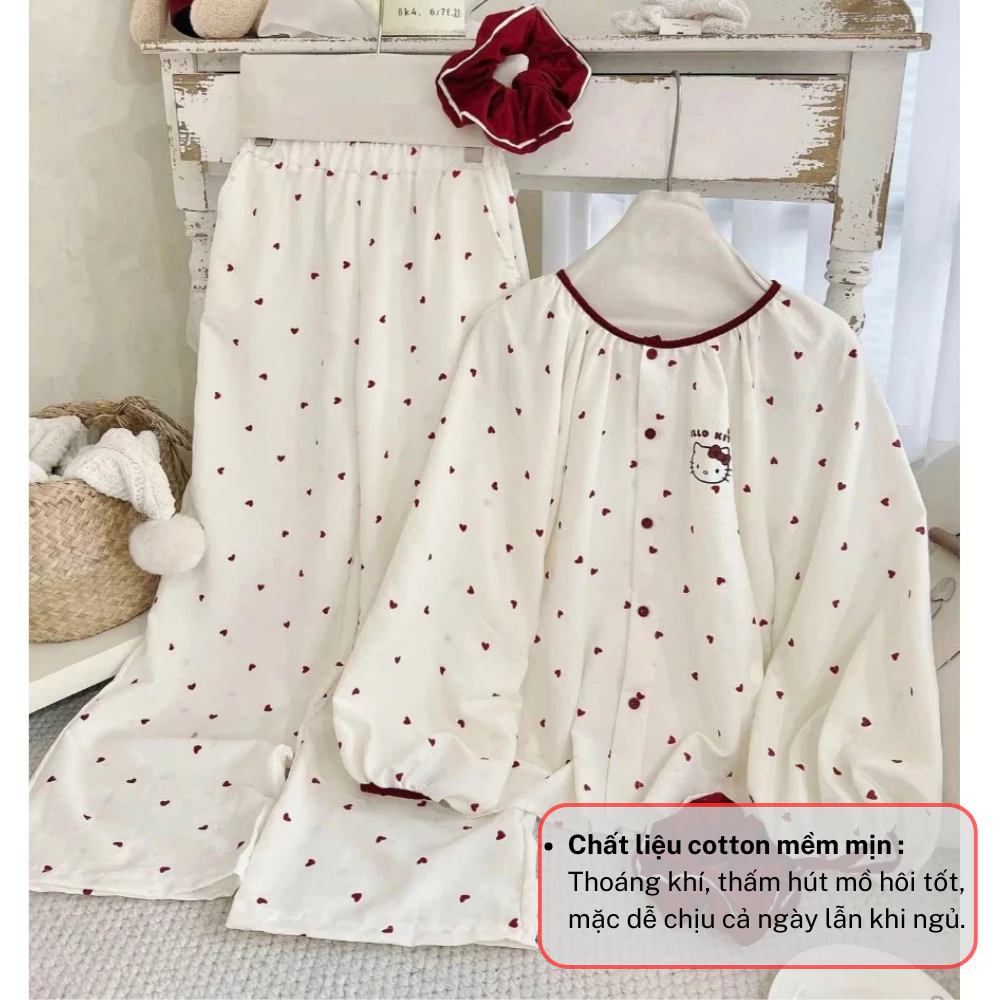 Đồ ngủ nữ, bộ mặc nhà nữ pijama dài tay tông màu trắng phối hình trái tim in siêu xinh JUN HCOM26799