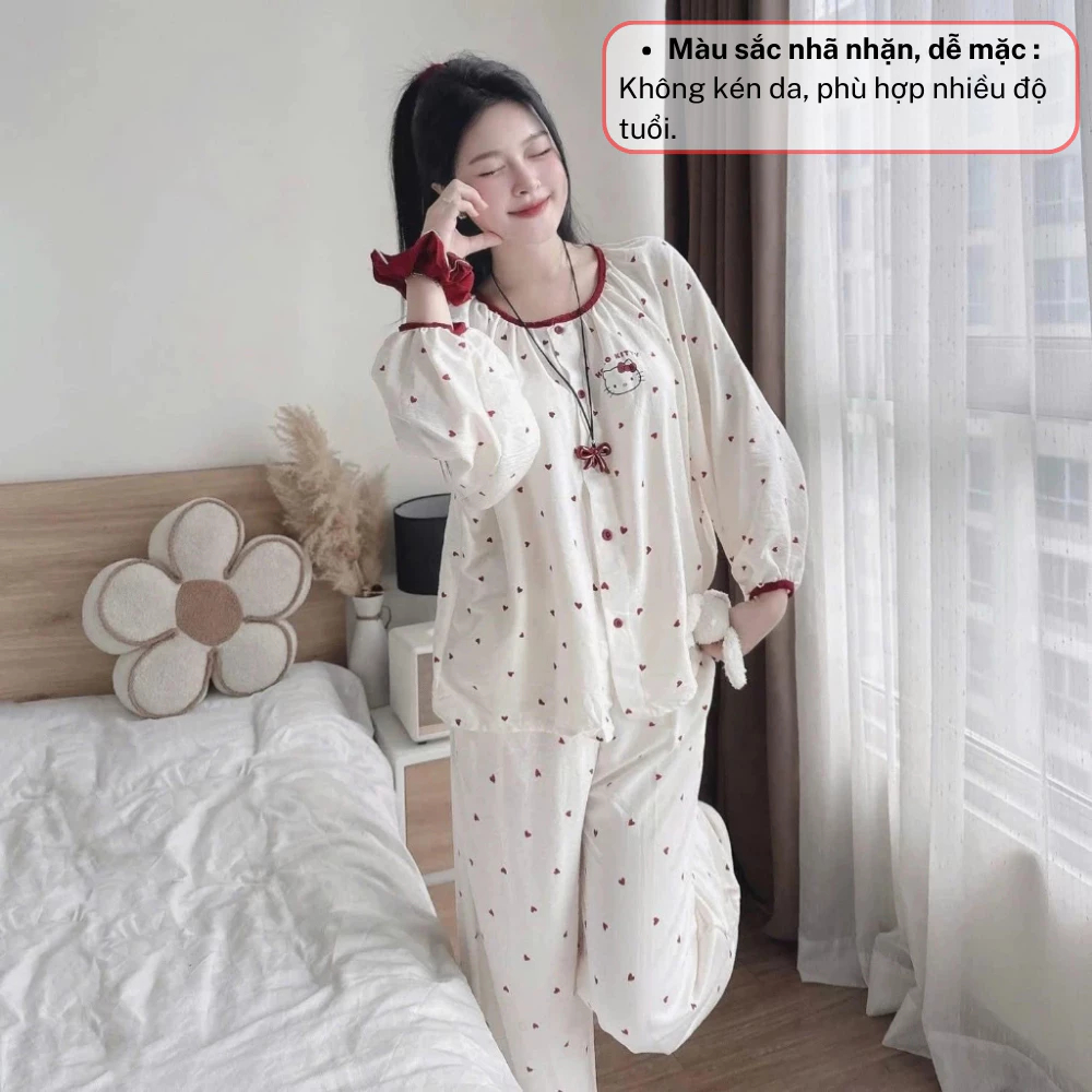 Đồ ngủ nữ, bộ mặc nhà nữ pijama dài tay tông màu trắng phối hình trái tim in siêu xinh JUN HCOM26799