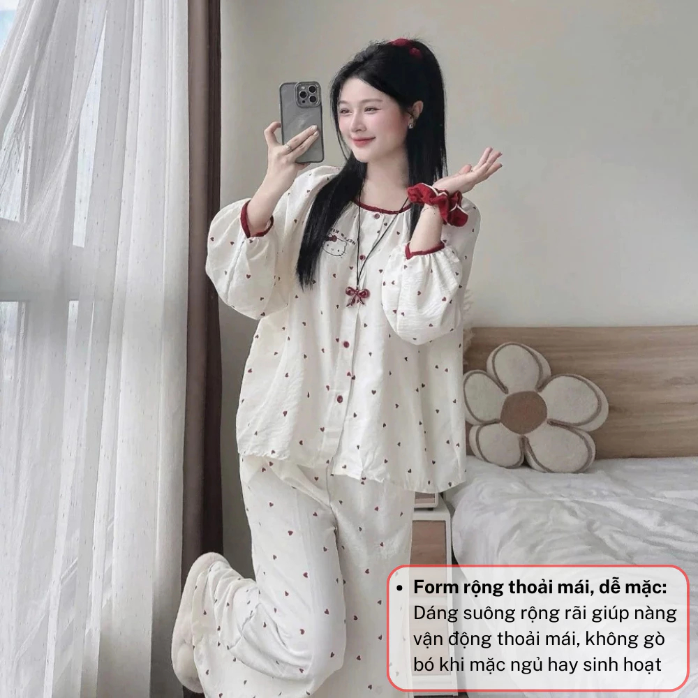 Đồ ngủ nữ, bộ mặc nhà nữ pijama dài tay tông màu trắng phối hình trái tim in siêu xinh JUN HCOM26799
