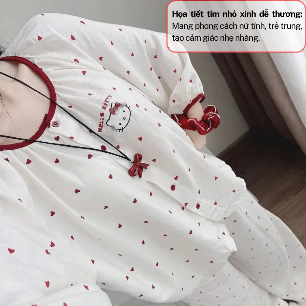 Đồ ngủ nữ, bộ mặc nhà nữ pijama dài tay tông màu trắng phối hình trái tim in siêu xinh JUN HCOM26799