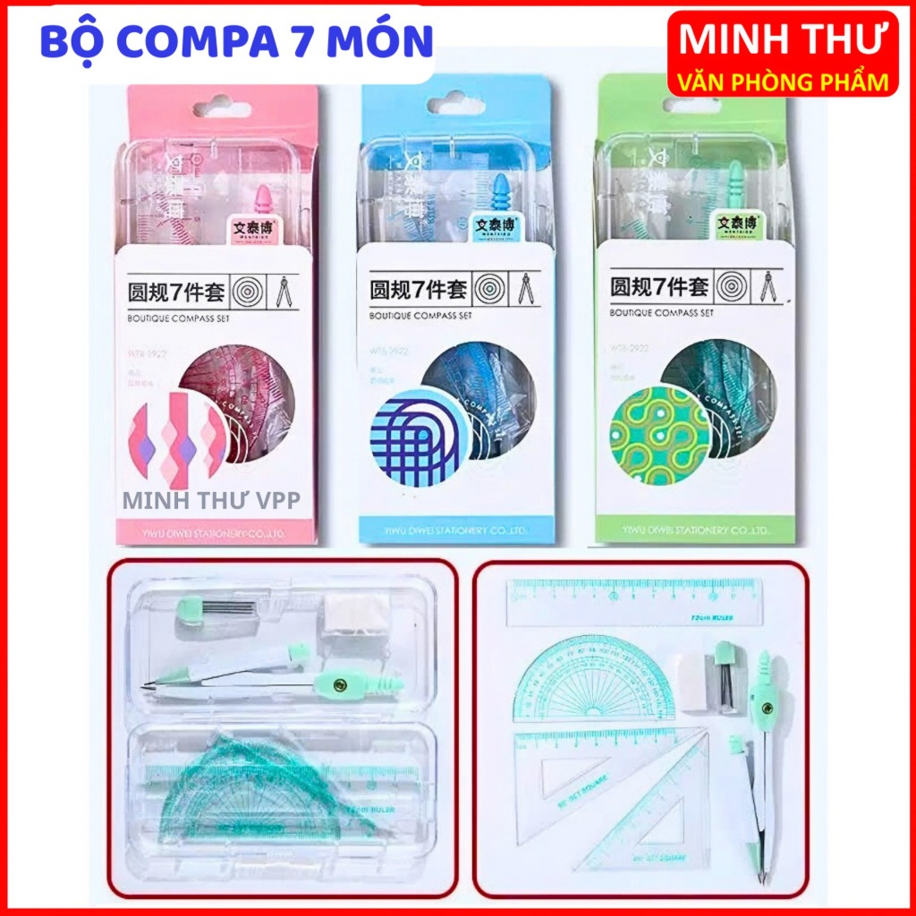 Bộ compa và thước kẻ 7 món - compa, eke, thước đo góc, thước thẳng, tẩy ...