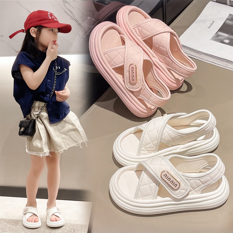[M066] Sandal Bánh Mì Bé Gái Quai Chéo Trần Chỉ Quả Trám Cao Cấp - Dép Quai Hậu Bé Gái Êm Chân Phong Cách Hàn Quốc Mới