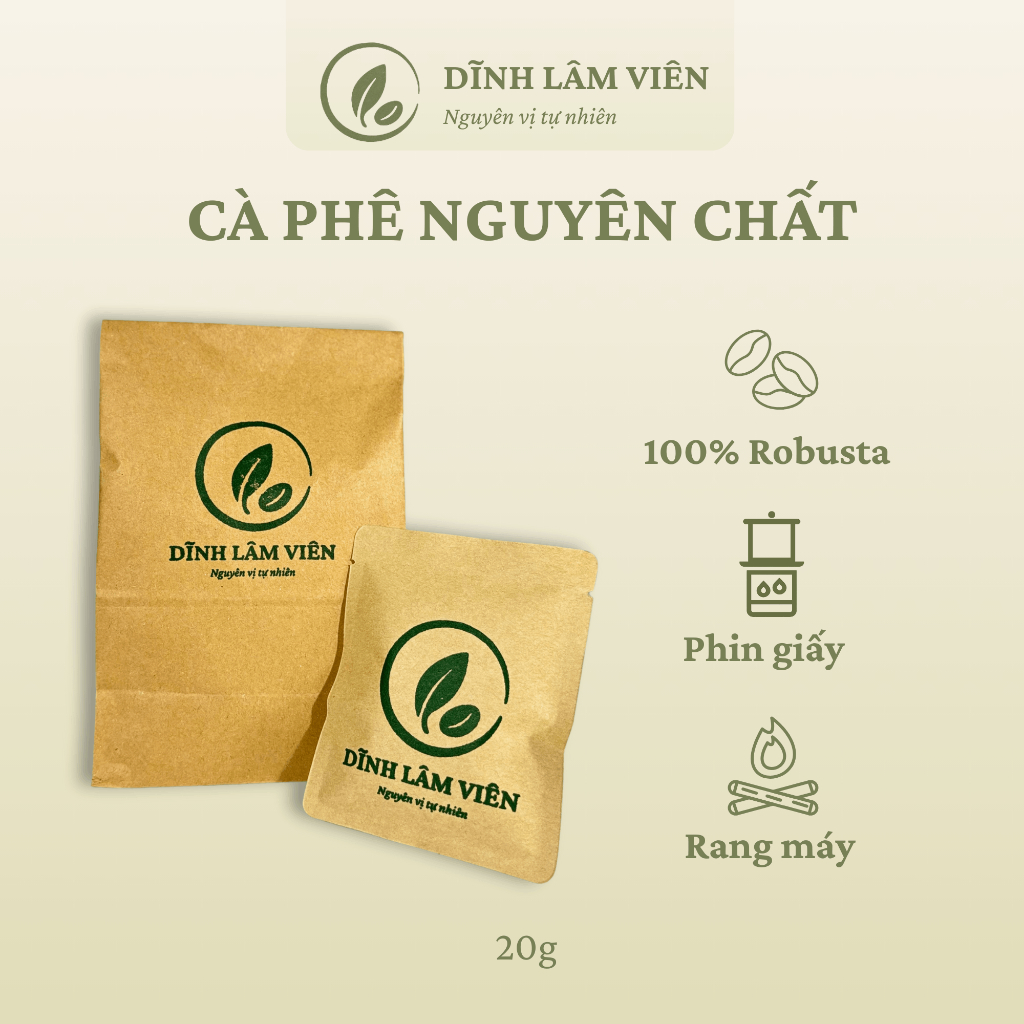 Cà phê Robusta Gia Lai phin giấy rang xay mộc nguyên chất 20g | Dĩnh Lâm Viên