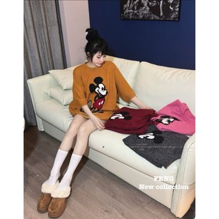 Áo Len Ngắn Tay Mickey Họa Tiết Form Rộng Trùm Mông QCCC Cao Cấp