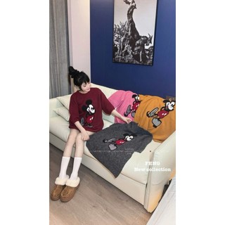 Áo Len Ngắn Tay Mickey Họa Tiết Form Rộng Trùm Mông QCCC Cao Cấp