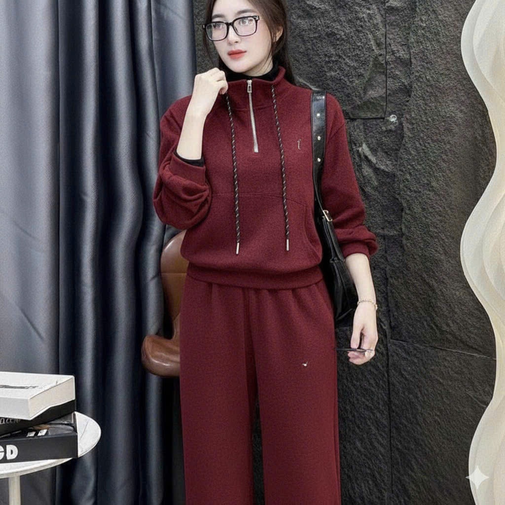 2026. HT. Sét Nỉ len lót lông nhung cổ khoá áo dài tay+ quần suông. Đủ size SMLXL 40kg- 70kg