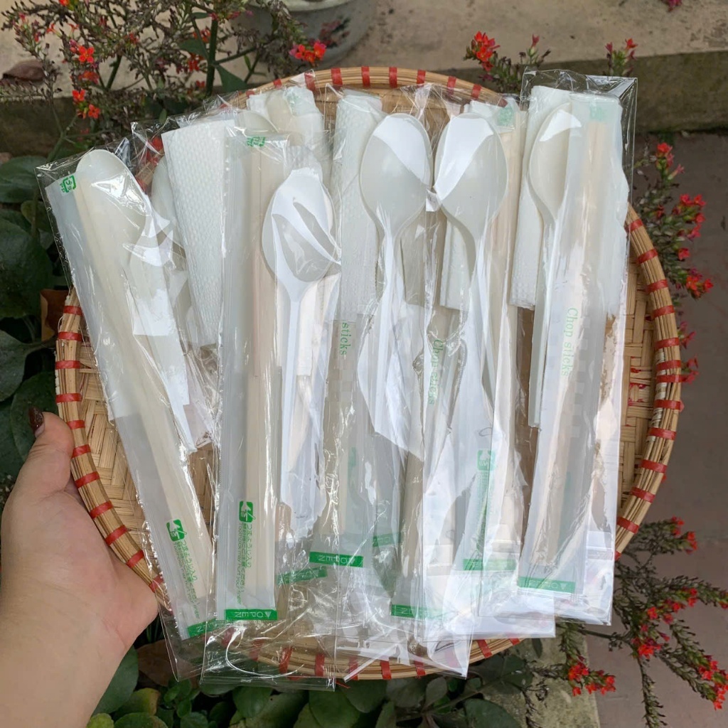 Bộ 50-100 set đũa tăm thìa giấy ăn dùng 1 lần cho nhà hàng và đồ ăn mang đi
