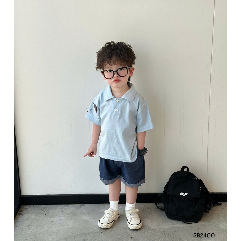 Set polo cộc tay Bebukids phối vai họa tiết hoạt hình,chất liệu cotton phối quần short cho bé 8-22kg