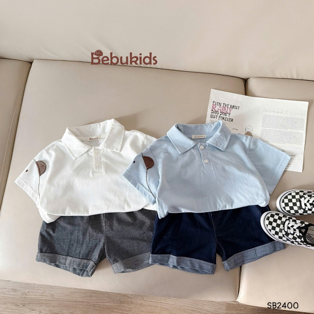 Set polo cộc tay Bebukids phối vai họa tiết hoạt hình,chất liệu cotton phối quần short cho bé 8-22kg