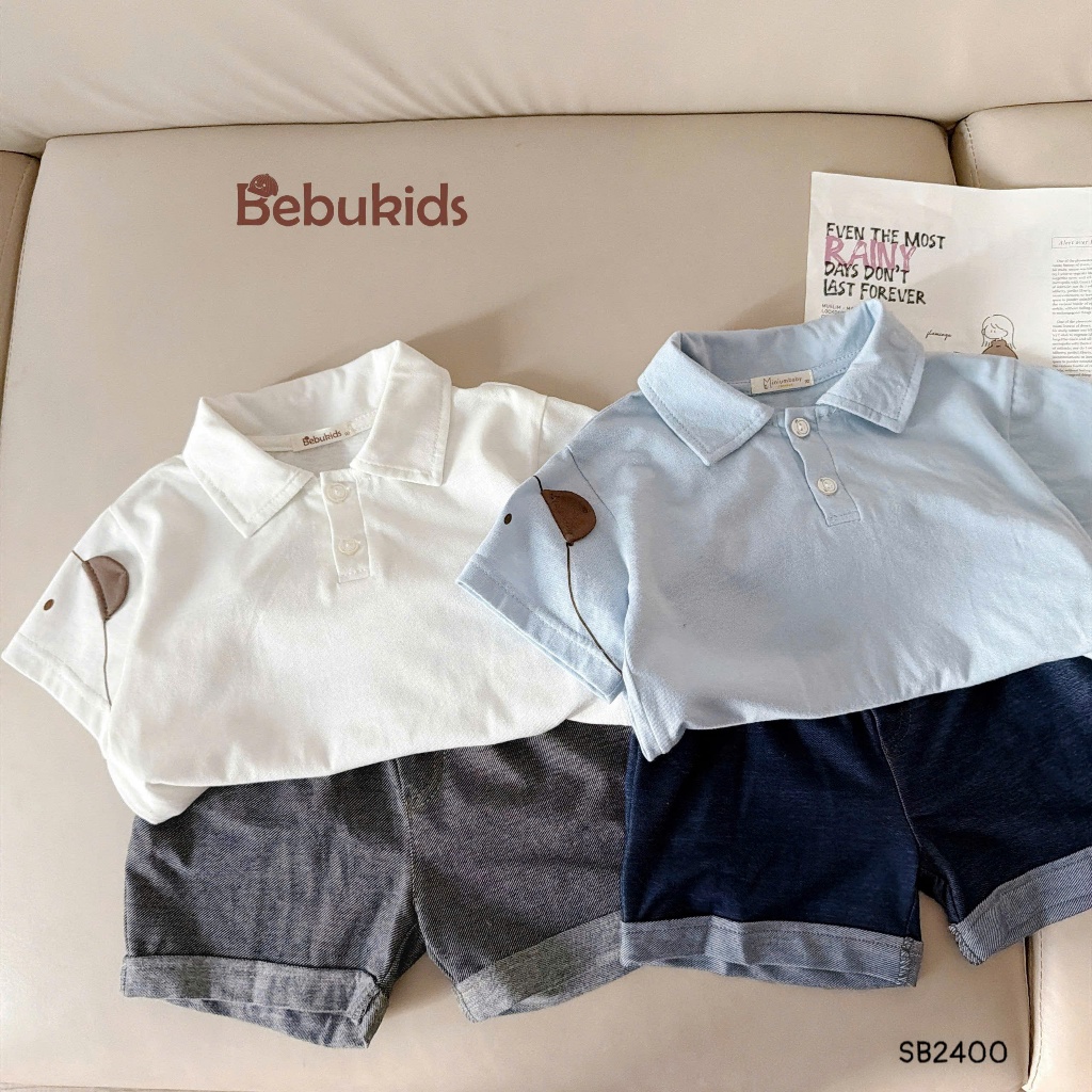 Set polo cộc tay Bebukids phối vai họa tiết hoạt hình,chất liệu cotton phối quần short cho bé 8-22kg