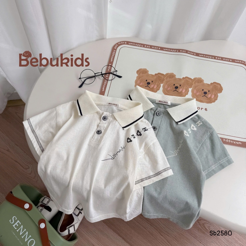 Set polo cổ dệt phối tay viền nổi Bebukids chất liệu cotton phối quần kaki  co giãn cho bé 8-21kg