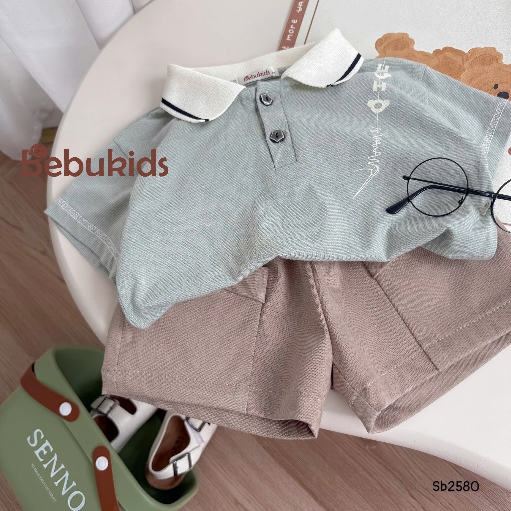 Set polo cổ dệt phối tay viền nổi Bebukids chất liệu cotton phối quần kaki  co giãn cho bé 8-21kg