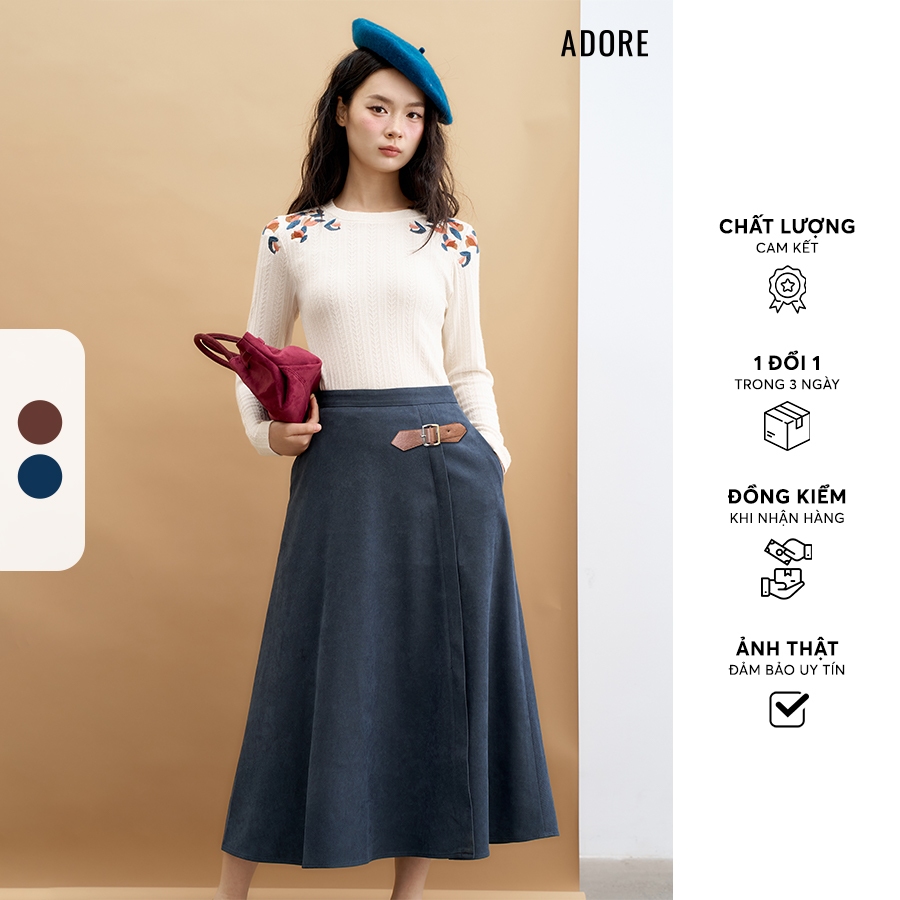 512SK2036 - Chân váy midi nâu/navy đai da ADORE