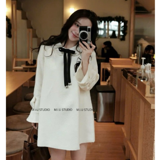 Váy dạ tweed tiểu thư dáng babydoll cổ sen tay xoè mix nơ cách điệu ,Đầm thiết kế dáng ngắn kèm nơ nhung style nhẹ nhàng
