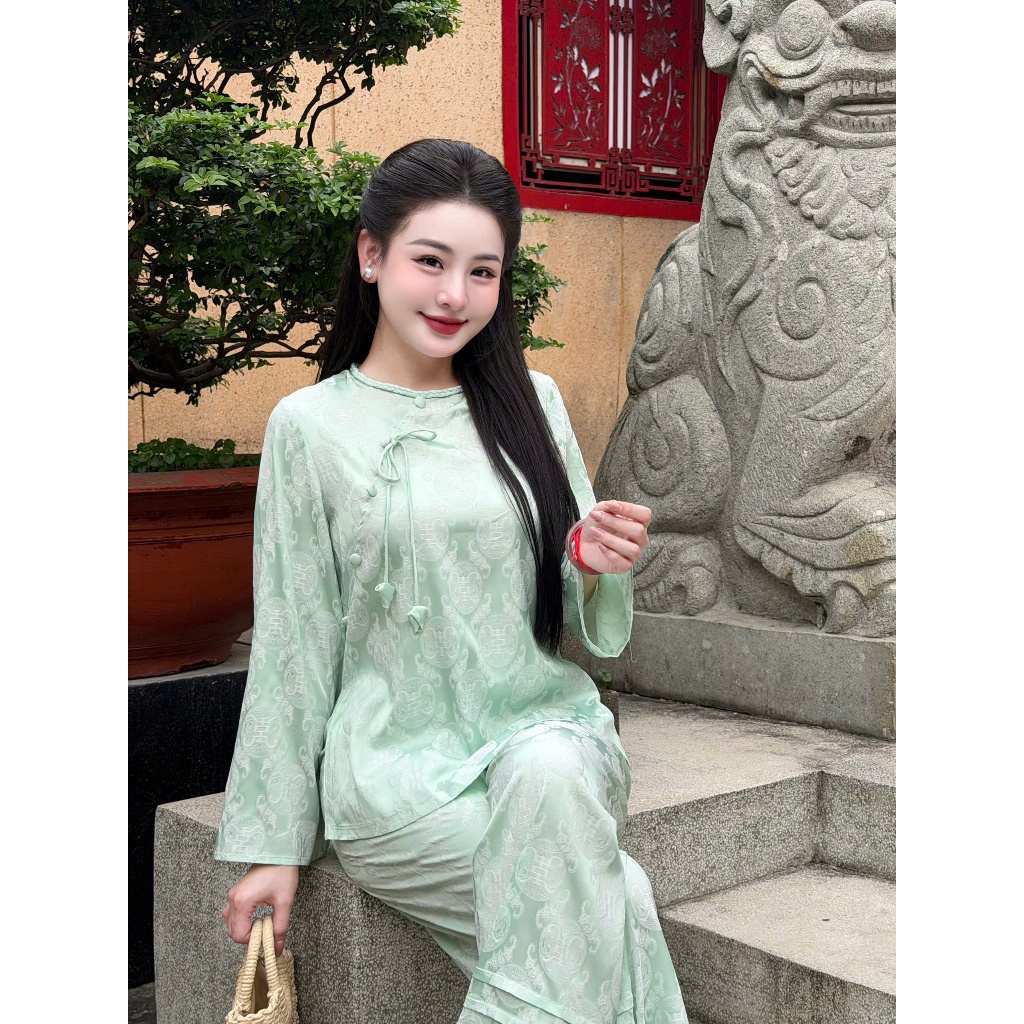 Bộ đồ đi chùa cổ tết đính nơ chuông lụa gấm tằm thọ Pháp phục lễ chùa dài tay phối quần xếp ly gấm mềm mịn-CM