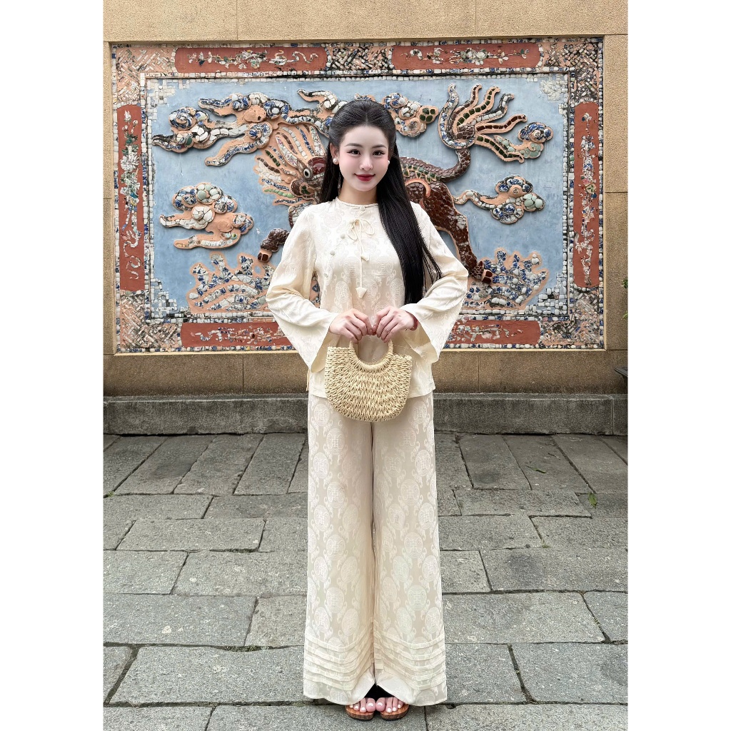 Bộ đồ đi chùa cổ tết đính nơ chuông lụa gấm tằm thọ Pháp phục lễ chùa dài tay phối quần xếp ly gấm mềm mịn-CM