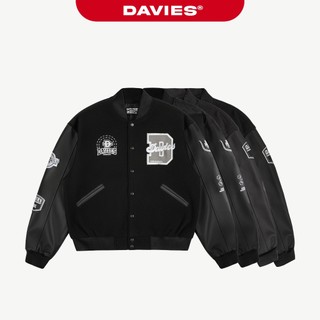 Áo khoác varsity jacket DAVIES nam nữ màu đen phối tay da form rộng hình thêu đẹp