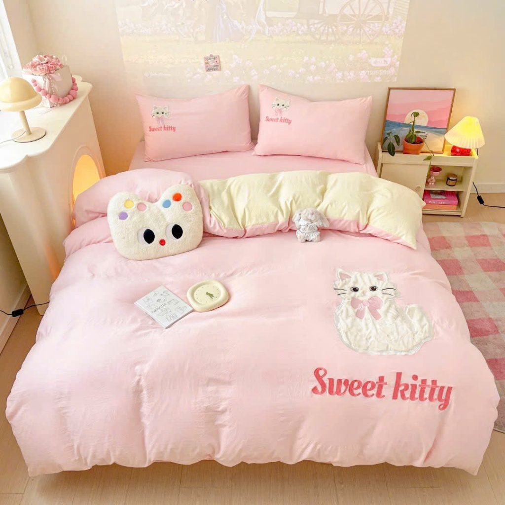(TỔNG HỢP 1) Bộ chăn ga gối 4 món đũi sợi tre Memminbedding Luxury dệt nổi 5D mềm mướt, thấm hút mồ hôi