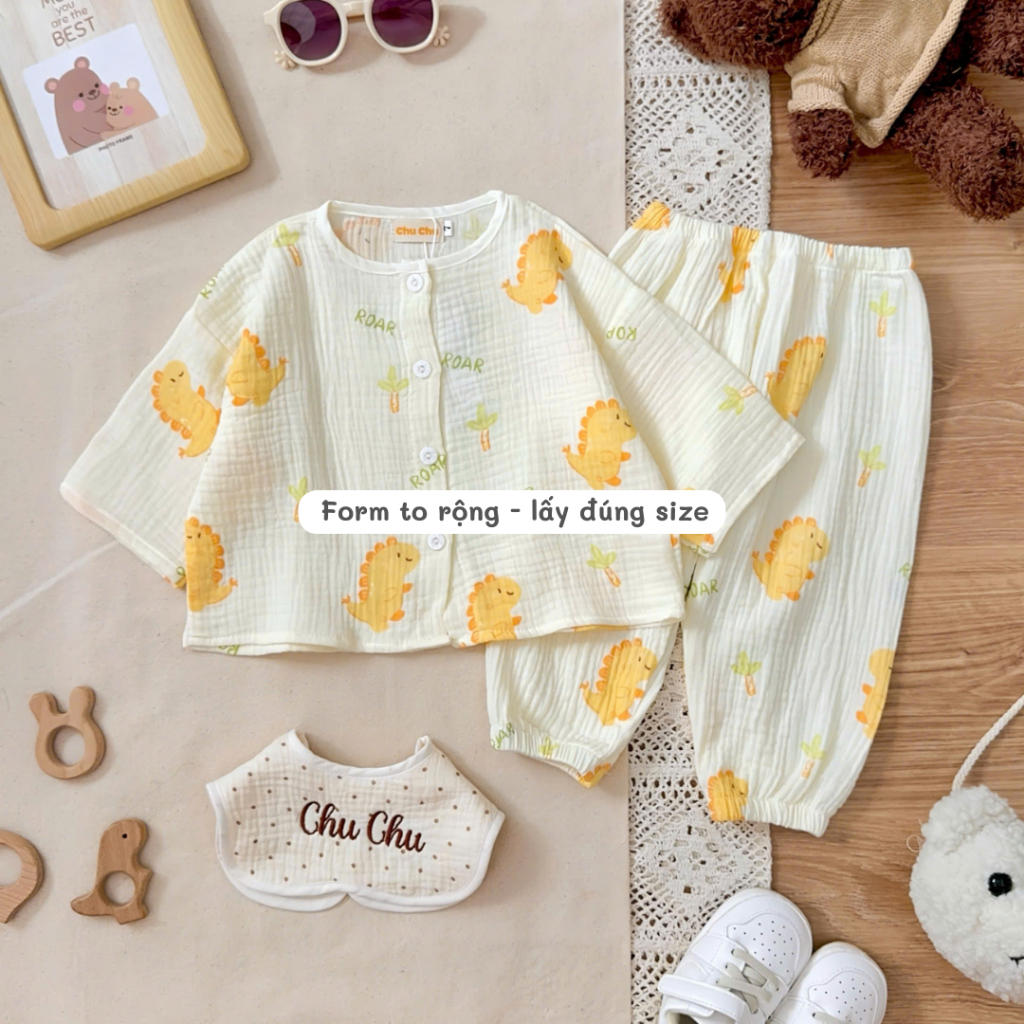 Đồ ngủ trẻ em 7–24kg | Bộ dài tay form rộng, vải Xô Muslin thoáng mát, thấm hút mồ hôi