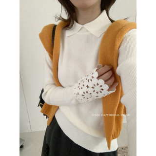 𝐏𝐡𝐢𝐞𝐧 𝐒𝐔𝐒𝐀𝐍 | (Sẵn) 2066S Áo Polo Len Tay Ren Hoa Form Vừa Vặn Hàn Quốc