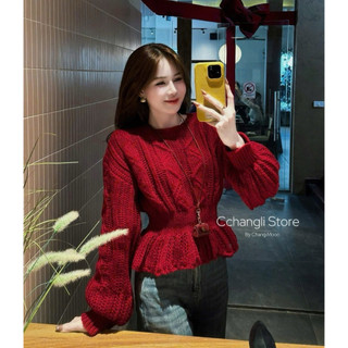 LT - Áo len dài tay xoắn thừng chun eo dáng áo peplum xoè tay bo bồng free size 1522