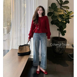 LT - Áo len dài tay xoắn thừng chun eo dáng áo peplum xoè tay bo bồng free size 1522