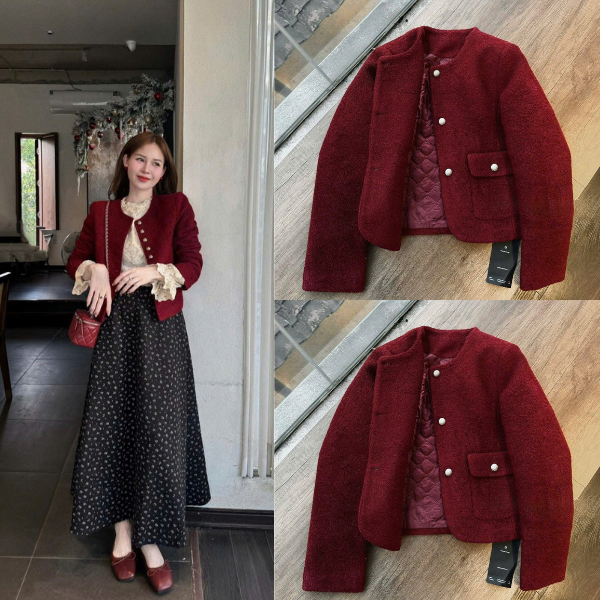 ZIMM STORE-Áo Khoác Dạ Tweed Nữ Dáng Ngắn phối cục nổi