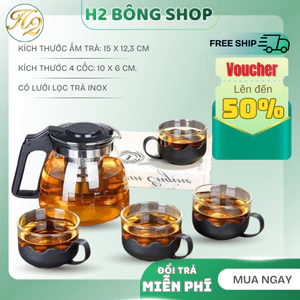 Bộ ấm trà 4 cốc thuỷ tinh, lọc trà thuỷ tinh có lưới lọc inox kèm 4 cốc