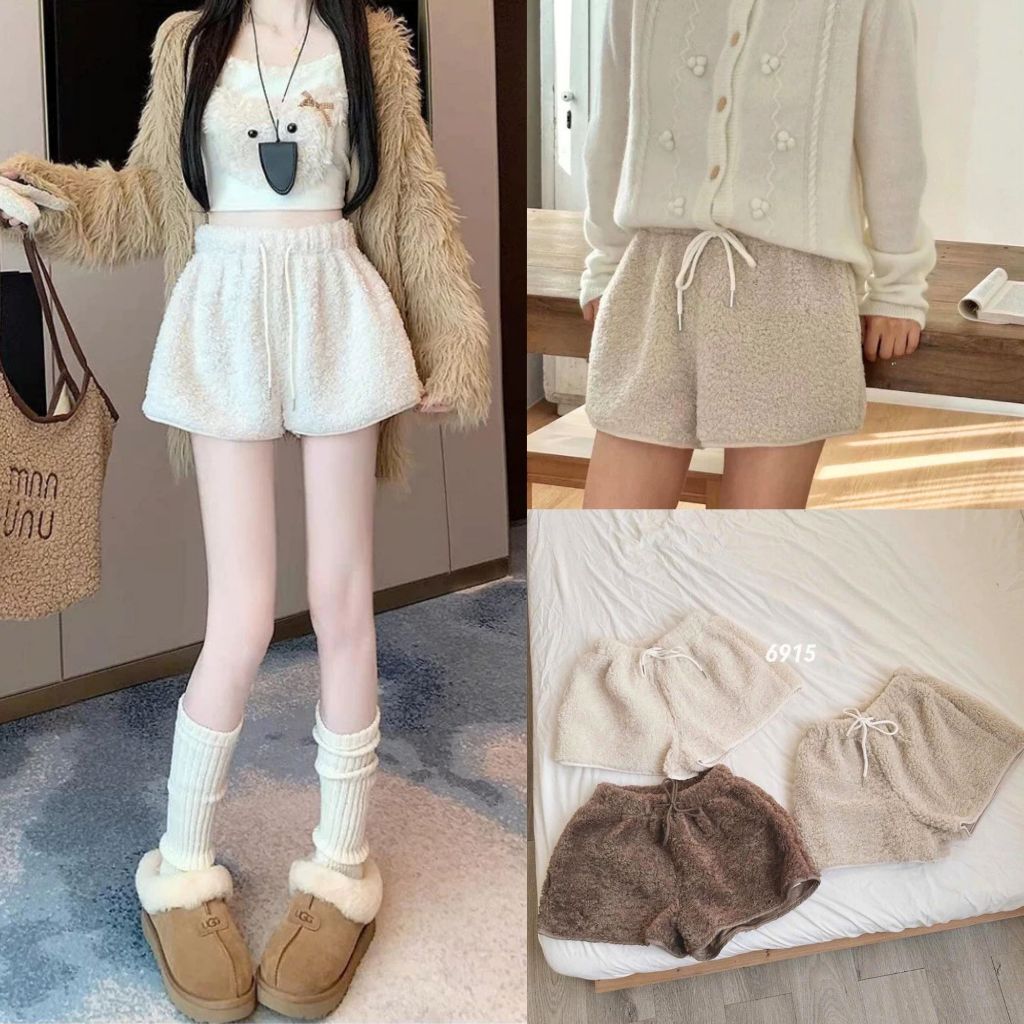Quần Short Lông Cừu Cạp Chun Cao Cấp Ống Rộng Có Túi Gấu Vải Mềm Dễ Mix Đồ