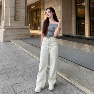 DELIZ - Quần jean nữ ống rộng cạp cao màu trắng trơn dáng suông chất bò cao cấp dày dặn J411 (đã cắt sẵn khuy)
