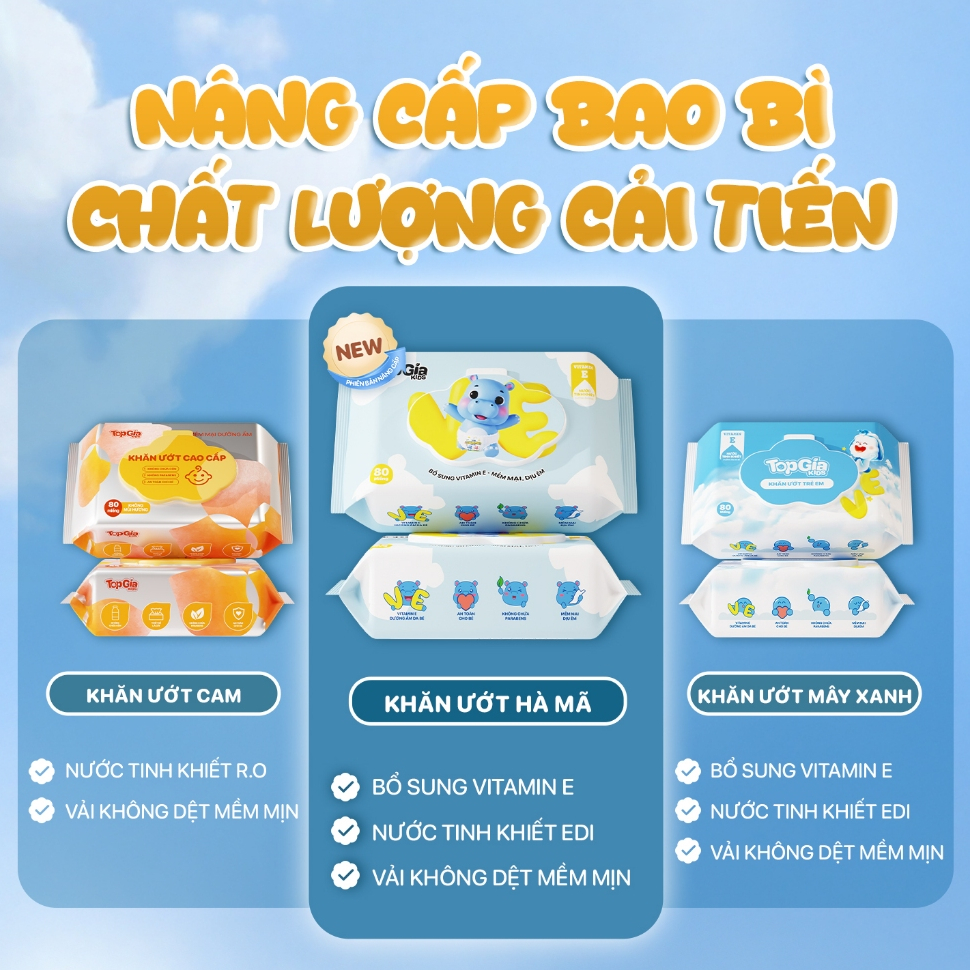 Thùng 10 gói khăn ướt vitamin E TopGiaKids cho em bé, không cồn, không parabens, không mùi cao cấp