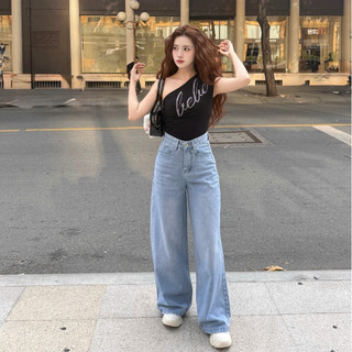 DELIZ - Quần jean nữ ống rộng cạp cao chất liệu jean denim mềm tôn dáng J412 DELIZ