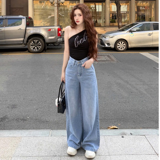 DELIZ - Quần jean nữ ống rộng cạp cao chất liệu jean denim mềm tôn dáng J412 DELIZ