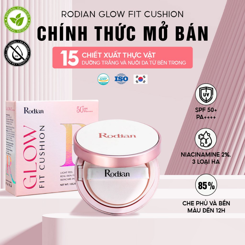 Cushion Chống Nắng Rodian Glow Fit SPF 50+ PA++++ Mỏng Nhẹ Tự Nhiên, Giữ Lớp Make Up Lâu Trôi 12gr