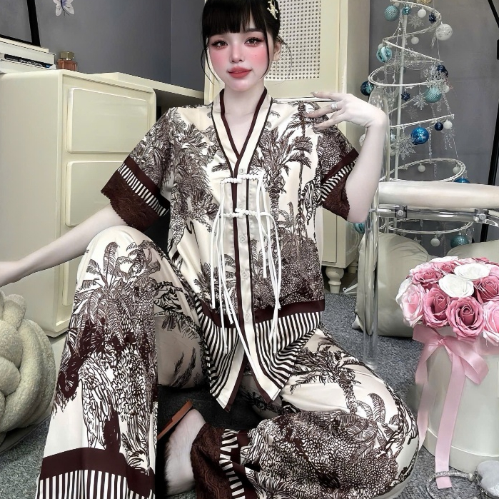 Đồ ngủ dễ thương,đồ bộ nữ đồ mặc nhà,set đồ nữ cổ Y nút thắt lụa mịn mát họa tiết cute hottrend[210]
