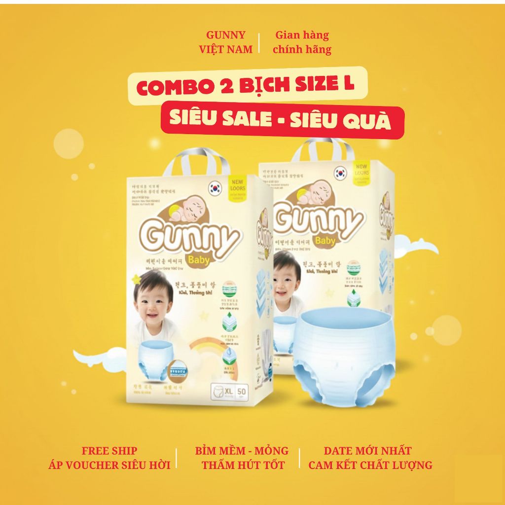 (2 bịch) Bỉm - Tã Gunny Công Nghệ Hàn Quốc Size L quần 50 miếng (9-14kg) Siêu Thấm, Mềm Mại An Toàn Cho Em Bé