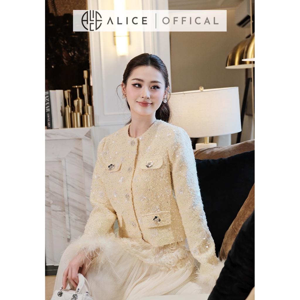 Set Váy Thu Đông Cao Cấp Alice, Áo Dạ Tweet Đính Hoa Tay Phối Lông Vũ, Chân Váy Tơ Dập Ly Dáng Maxi S1014