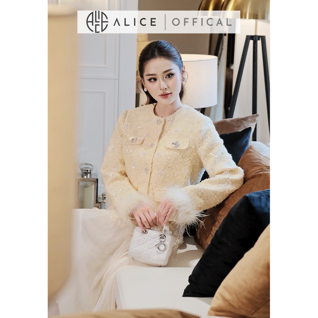 Set Váy Thu Đông Cao Cấp Alice, Áo Dạ Tweet Đính Hoa Tay Phối Lông Vũ, Chân Váy Tơ Dập Ly Dáng Maxi S1014