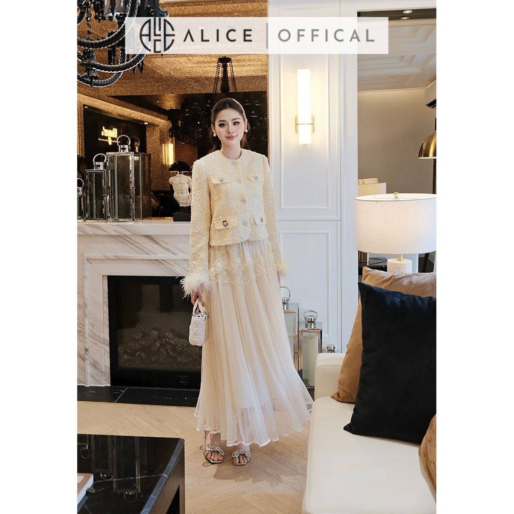 Set Váy Thu Đông Cao Cấp Alice, Áo Dạ Tweet Đính Hoa Tay Phối Lông Vũ, Chân Váy Tơ Dập Ly Dáng Maxi S1014