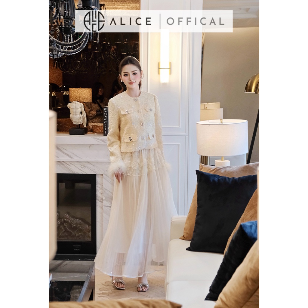 Set Váy Thu Đông Cao Cấp Alice, Áo Dạ Tweet Đính Hoa Tay Phối Lông Vũ, Chân Váy Tơ Dập Ly Dáng Maxi S1014