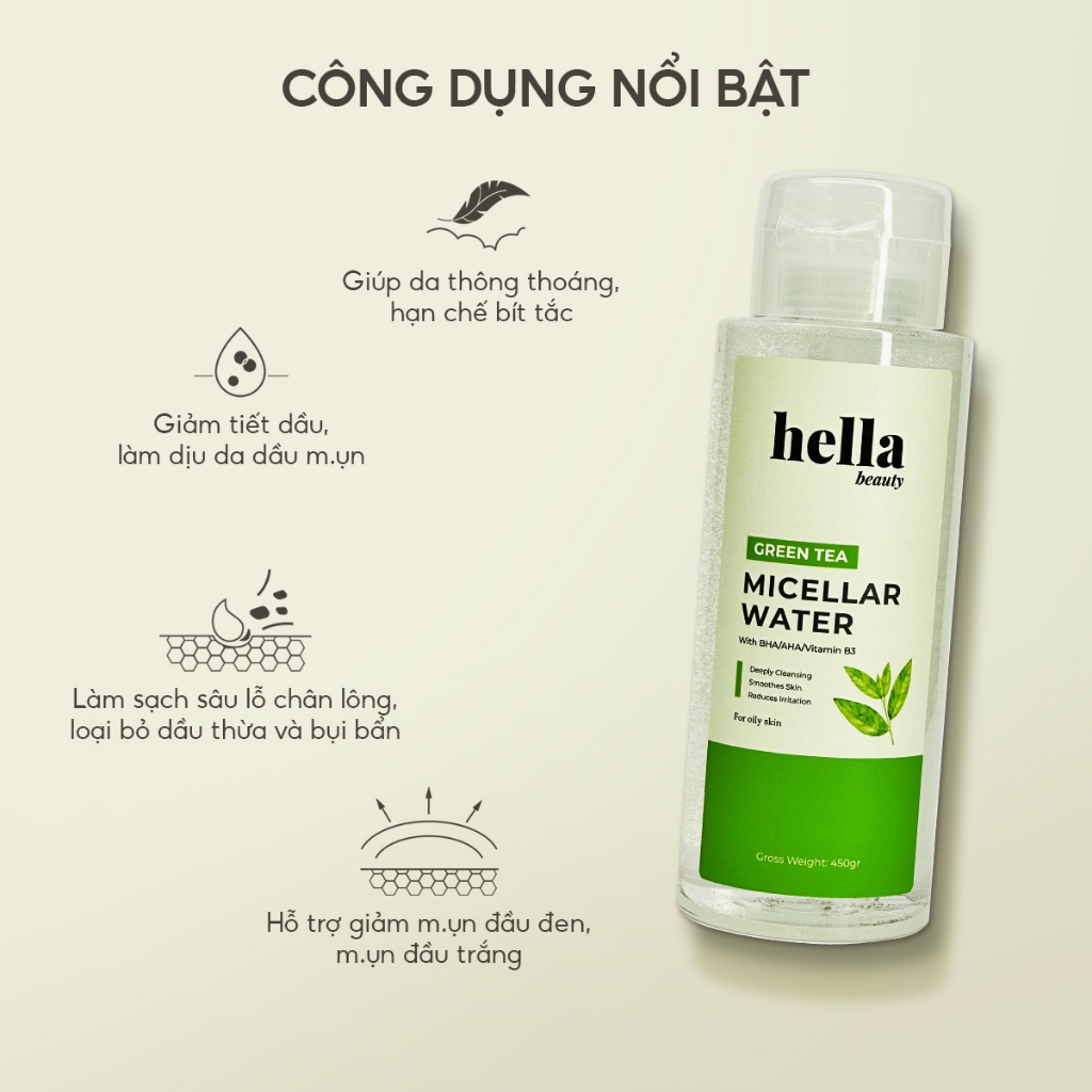 Combo Nước tẩy trang + Toner cân bằng da Hella Beauty chiết xuất thực vật, dịu nhẹ cho mọi loại da